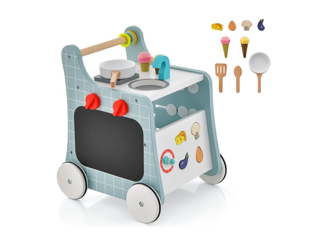 vente unique 6 en 1 Chariot de Marche en Bois avec Thème de Cuisine & 9 Accessoires Marcheur D'Apprentissage Bébé avec Tableau & Horloge Rangement Intérieur 12 Mois+