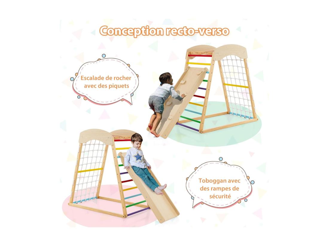 Vente Unique 6 En 1 Triangle D'escalade En Bois Enfants Avec Rampe Double Face Aire De Jeu D’Escalade Intérieur Avec Inclinaison Réglable Filet Et Echelle Pour Grimper & Glisser Pour 1 An+ (Multicolore)