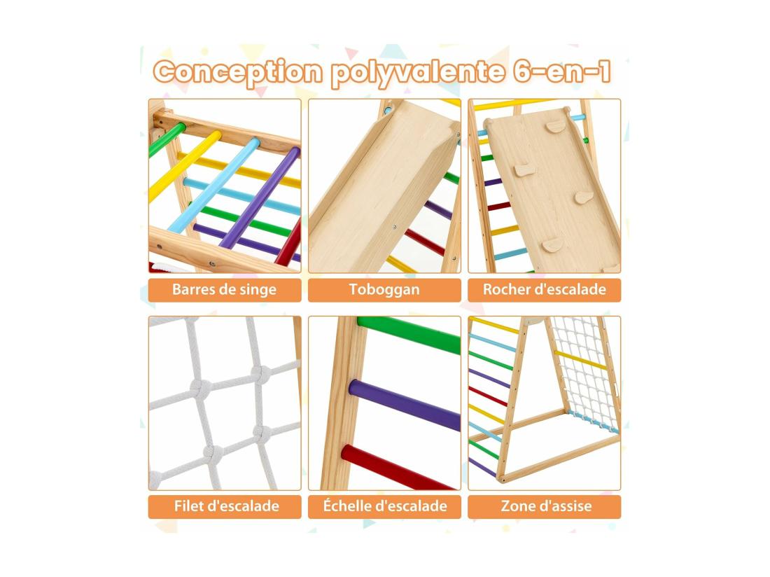 Vente Unique 6 En 1 Triangle D'escalade En Bois Enfants Avec Rampe Double Face Aire De Jeu D’Escalade Intérieur Avec Inclinaison Réglable Filet Et Echelle Pour Grimper & Glisser Pour 1 An+ (Multicolore)