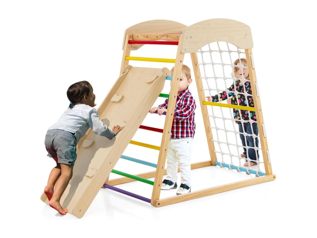 Vente Unique 6 En 1 Triangle D'escalade En Bois Enfants Avec Rampe Double Face Aire De Jeu D’Escalade Intérieur Avec Inclinaison Réglable Filet Et Echelle Pour Grimper & Glisser Pour 1 An+ (Multicolore)