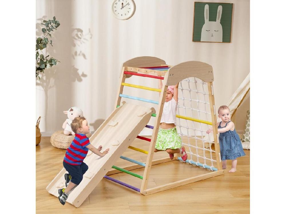 vente unique 6 en 1 Triangle d'escalade en Bois Enfants avec Rampe Double Face Aire de Jeu d’Escalade Intérieur avec Inclinaison Réglable Filet et Echelle pour Grimper & Glisser pour 1 an+ (Multicolore)