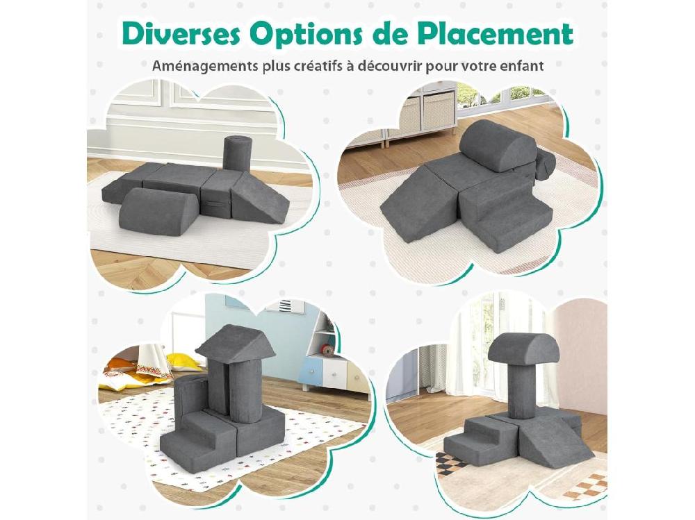 Vente Unique 6 PCS Parcours Motricité Bébé En Mousse Avec Housse En Tissu Chenille Module Motricité Bébé Avec Fermeture Clair Jouets Éducatifs Ramper Pour Enfants (Gris)