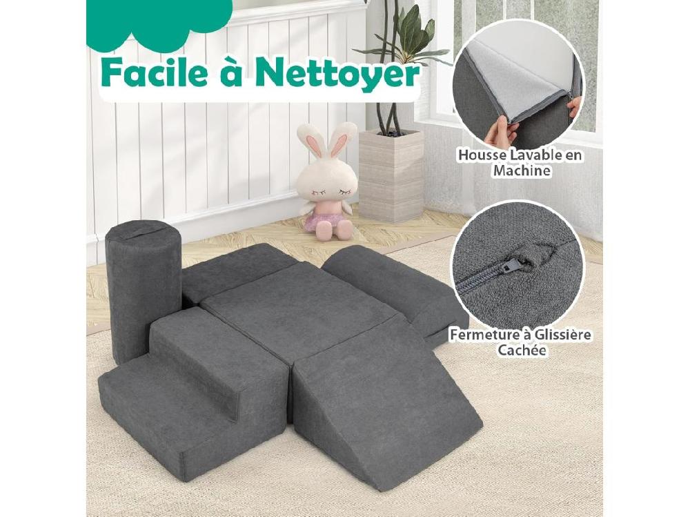 Vente Unique 6 PCS Parcours Motricité Bébé En Mousse Avec Housse En Tissu Chenille Module Motricité Bébé Avec Fermeture Clair Jouets Éducatifs Ramper Pour Enfants (Gris)