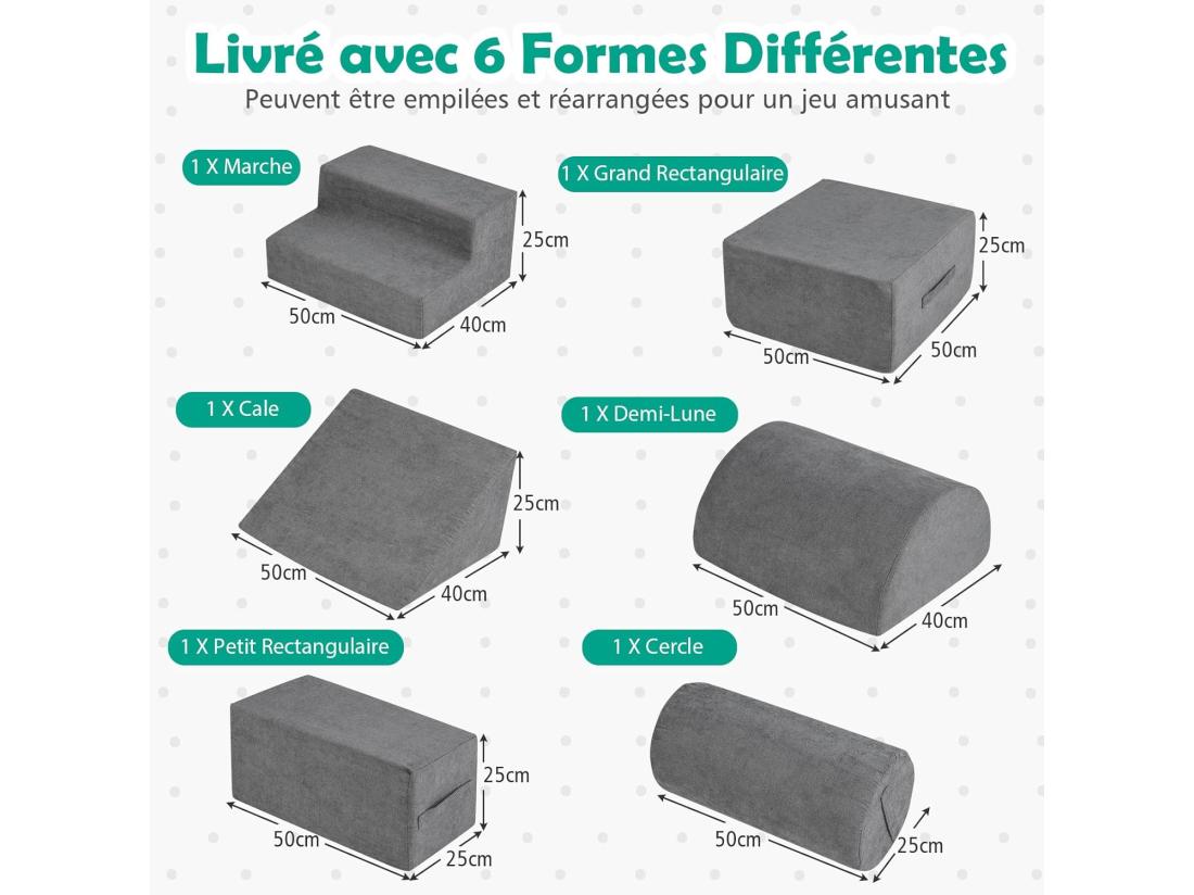 Vente Unique 6 PCS Parcours Motricité Bébé En Mousse Avec Housse En Tissu Chenille Module Motricité Bébé Avec Fermeture Clair Jouets Éducatifs Ramper Pour Enfants (Gris)