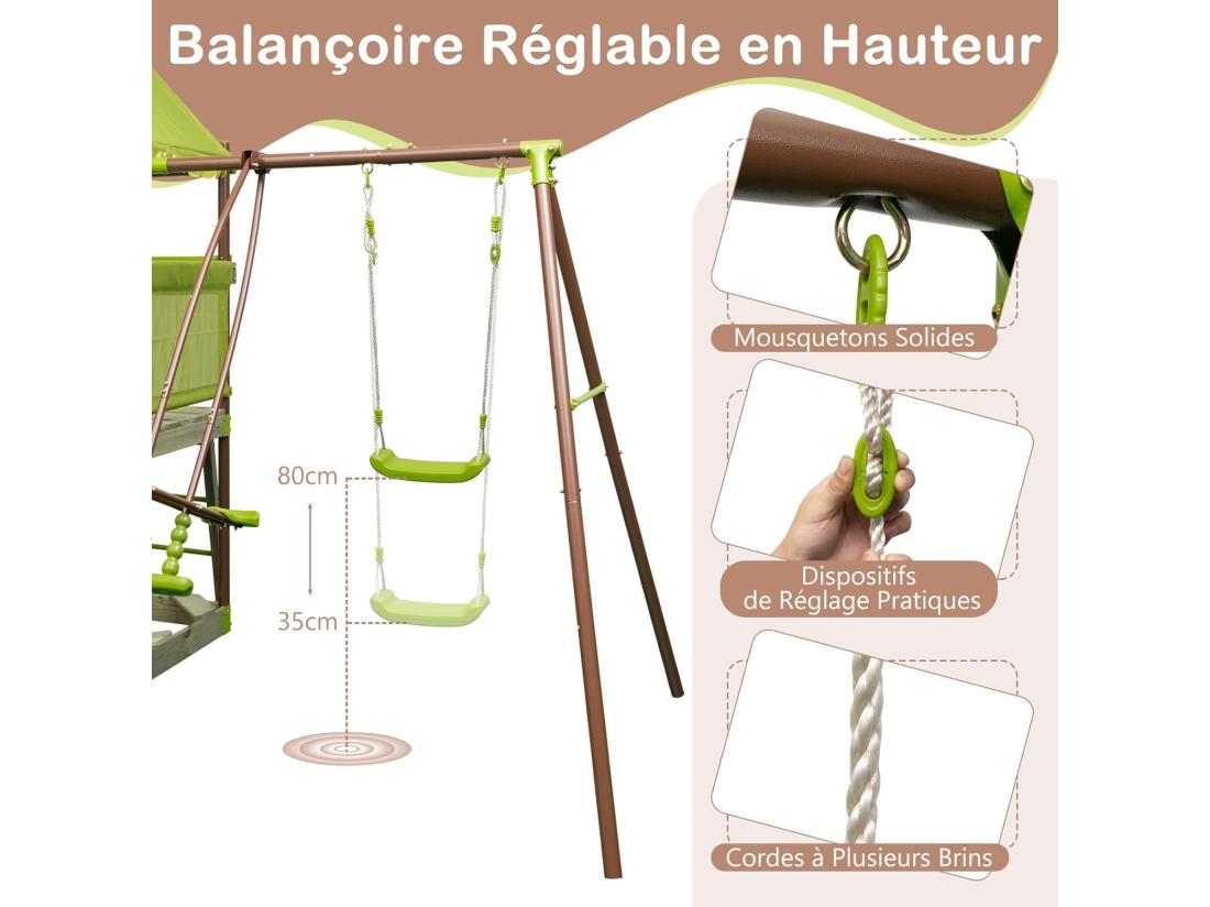 Vente Unique 7 En 1 Aire De Jeux Portique En Bois Avec Toboggan & Balançoire Réglable Tour D'escalade Avec Cabane Couverte & Échelle & Bac à Sable Cadre En Métal Pour Jardin Pour Enfant De 3-12 Ans