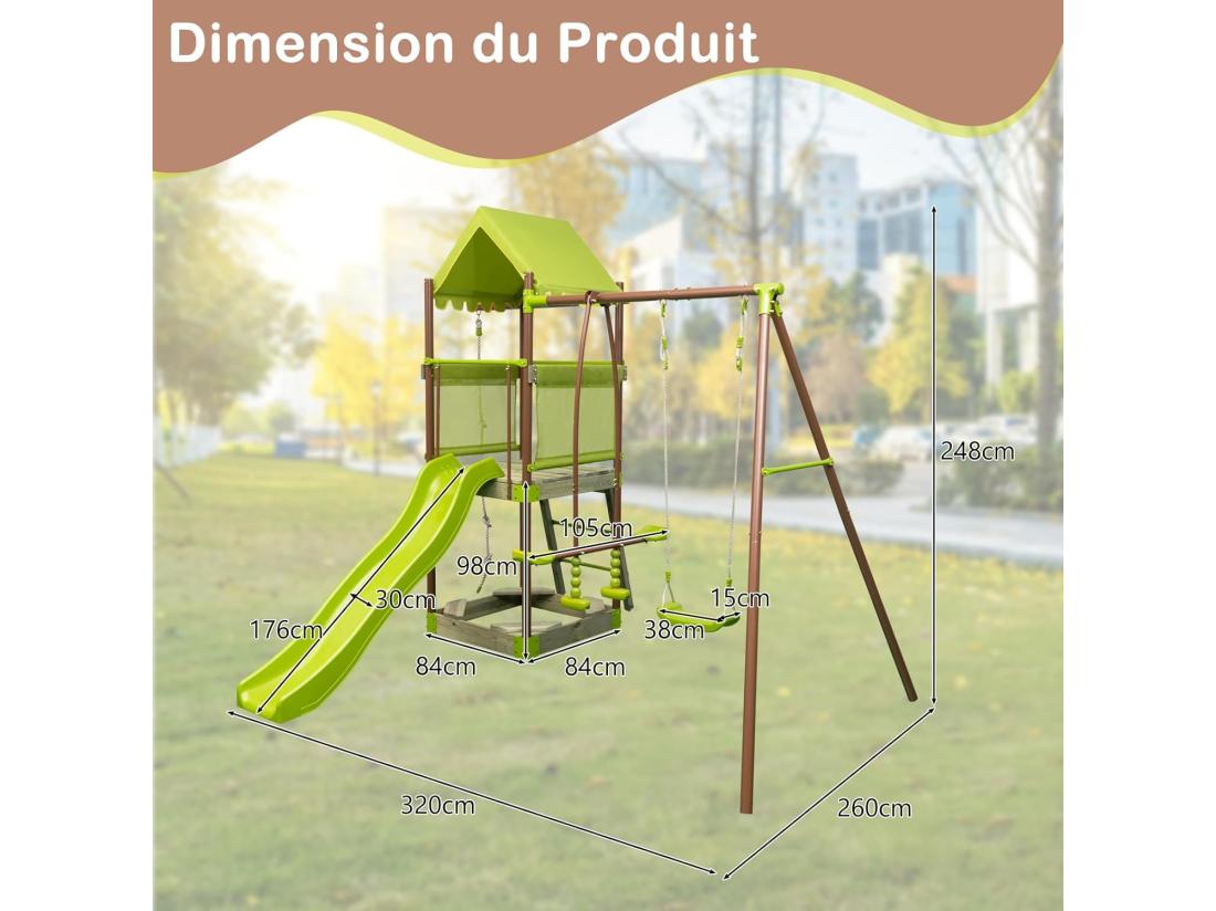 Vente Unique 7 En 1 Aire De Jeux Portique En Bois Avec Toboggan & Balançoire Réglable Tour D'escalade Avec Cabane Couverte & Échelle & Bac à Sable Cadre En Métal Pour Jardin Pour Enfant De 3-12 Ans