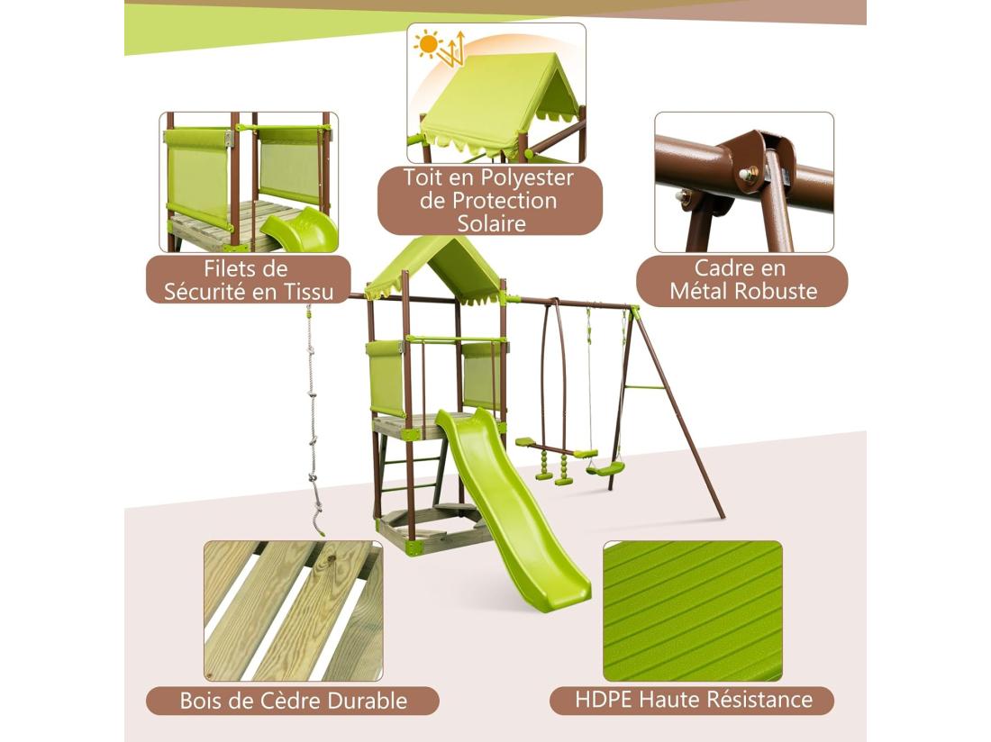 Vente Unique 7 En 1 Aire De Jeux Portique En Bois Avec Toboggan & Balançoire Réglable Tour D'escalade Avec Cabane Couverte & Échelle & Bac à Sable Cadre En Métal Pour Jardin Pour Enfant De 3-12 Ans