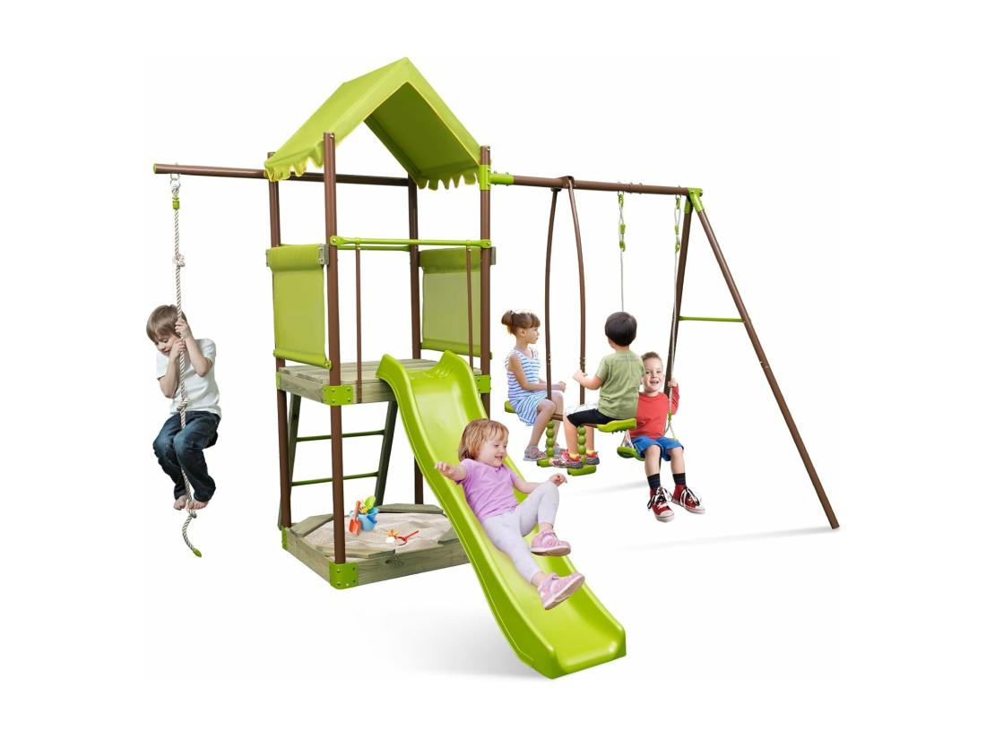 vente unique 7 en 1 Aire de Jeux Portique en Bois avec Toboggan & Balançoire Réglable Tour d'escalade avec Cabane Couverte & Échelle & Bac à Sable Cadre en Métal pour Jardin pour Enfant de 3-12 Ans