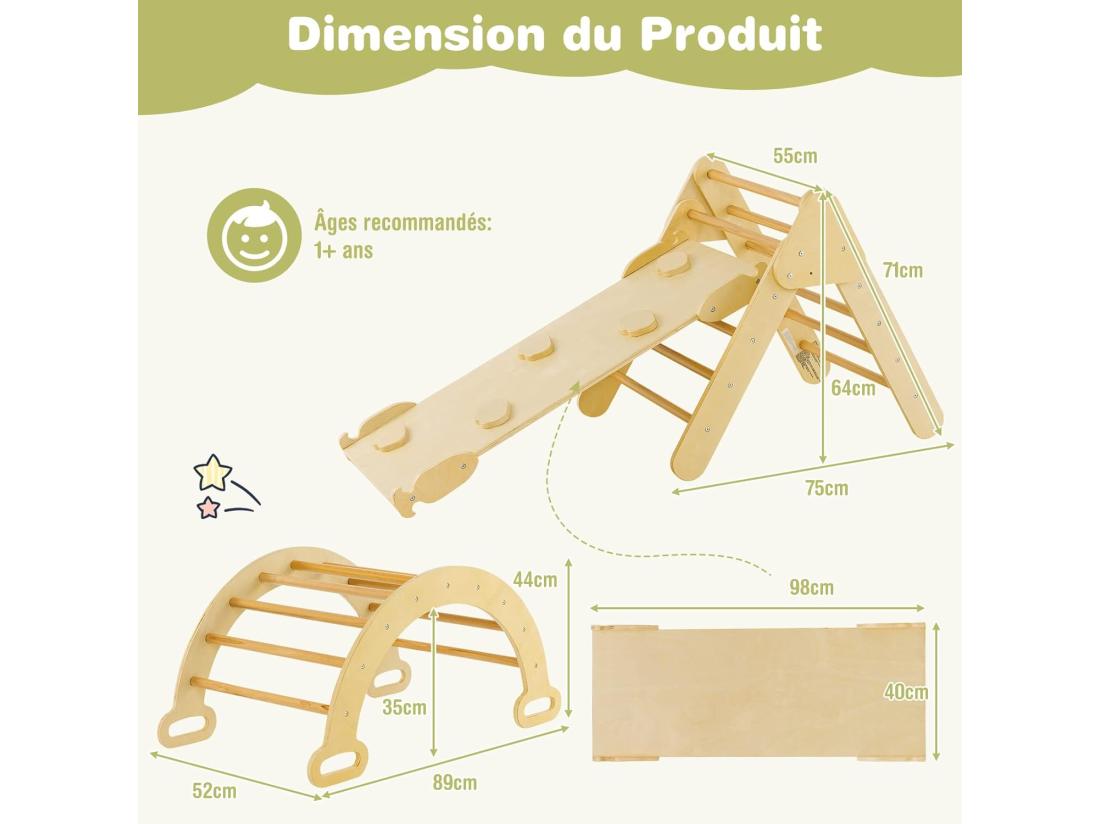 Vente Unique 7 En 1 Triangle D'escalade Enfants Avec Rampe Réversible Arc D'escalade Ou Bascule En Bois De Hêtre Charge Max 50KG Pour Glisser Ou Grimper Pour Bébé De 1 An+