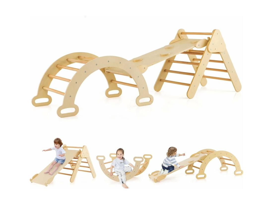 Vente Unique 7 En 1 Triangle D'escalade Enfants Avec Rampe Réversible Arc D'escalade Ou Bascule En Bois De Hêtre Charge Max 50KG Pour Glisser Ou Grimper Pour Bébé De 1 An+