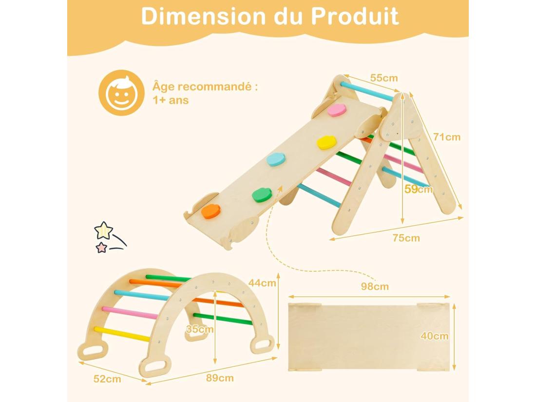 Vente Unique 7 En 1 Triangle D'escalade Enfants Avec Rampe Réversible Arc D'escalade Ou Bascule En Bois De Hêtre Charge Max 50KG Pour Glisser Ou Grimper Pour Bébé De 1 An+ Naturel
