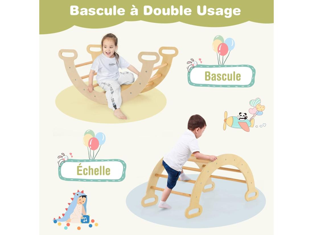 Vente Unique 7 En 1 Triangle D'escalade Enfants Avec Rampe Réversible Arc D'escalade Ou Bascule En Bois De Hêtre Charge Max 50KG Pour Glisser Ou Grimper Pour Bébé De 1 An+ Naturel