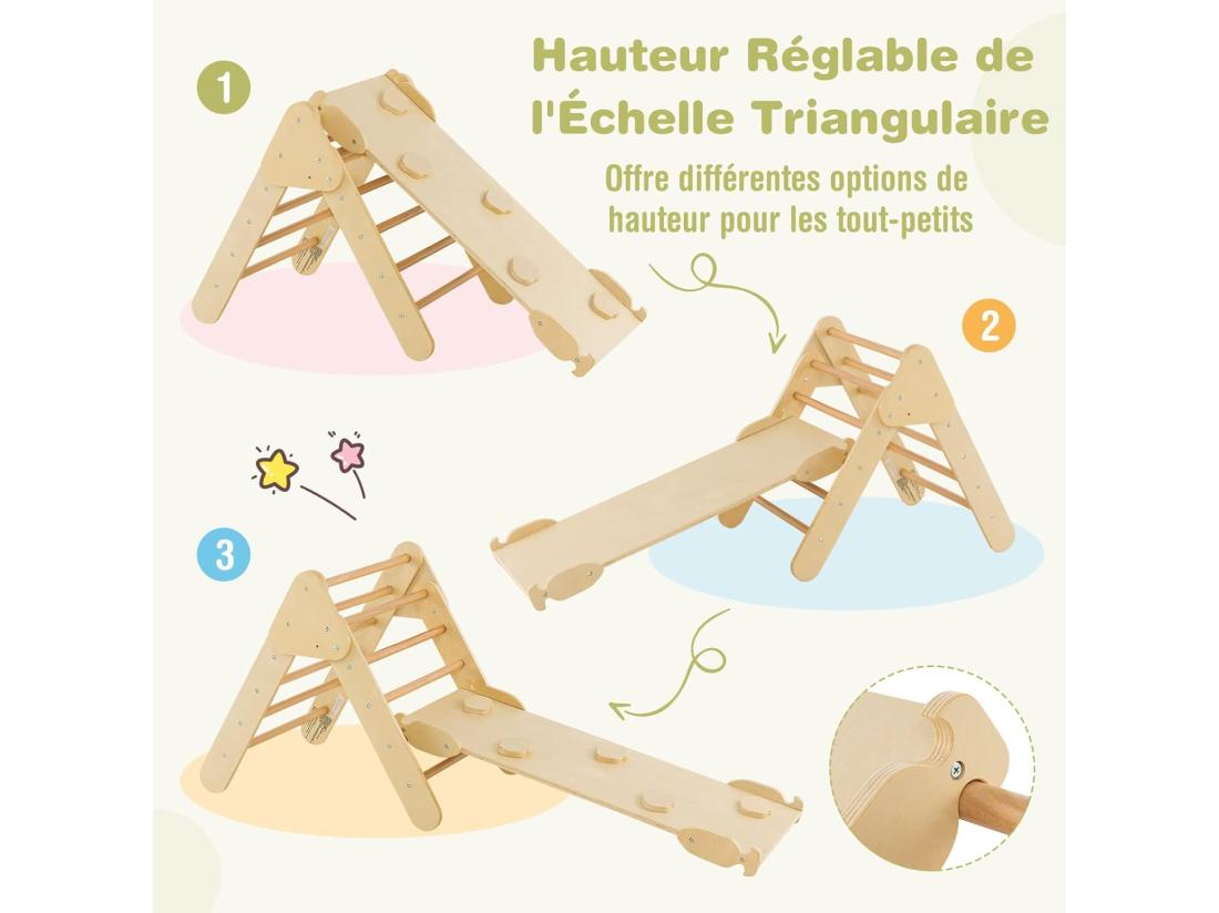 Vente Unique 7 En 1 Triangle D'escalade Enfants Avec Rampe Réversible Arc D'escalade Ou Bascule En Bois De Hêtre Charge Max 50KG Pour Glisser Ou Grimper Pour Bébé De 1 An+ Naturel
