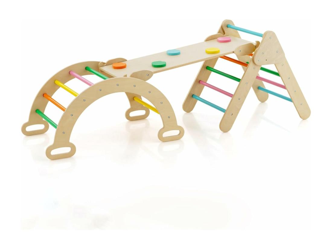 Vente Unique 7 En 1 Triangle D'escalade Enfants Avec Rampe Réversible Arc D'escalade Ou Bascule En Bois De Hêtre Charge Max 50KG Pour Glisser Ou Grimper Pour Bébé De 1 An+ Naturel
