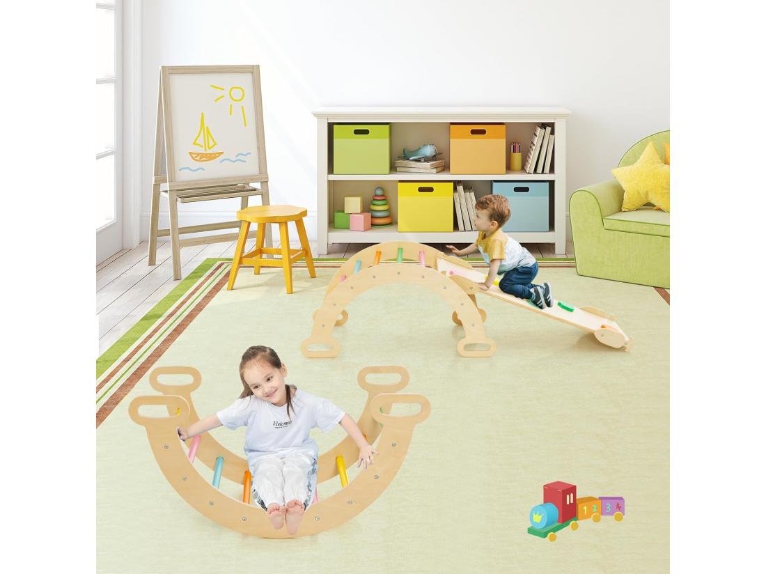 Vente Unique 7 En 1 Triangle D'escalade Montessori Enfants Avec Rampe Réversible Arc D'escalade Ou Bascule En Bois De Hêtre Charge Max 50KG Pour Glisser Ou Grimper Pour Bébé De 1 An+ Multicolore