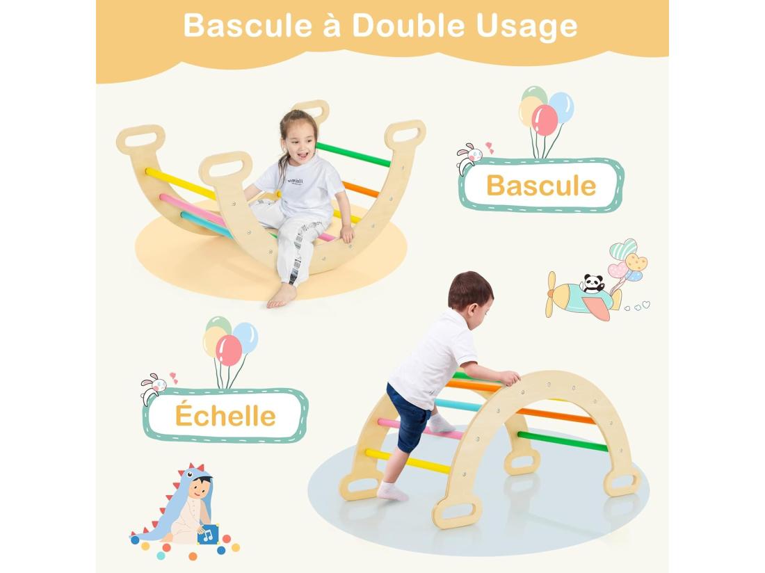 Vente Unique 7 En 1 Triangle D'escalade Montessori Enfants Avec Rampe Réversible Arc D'escalade Ou Bascule En Bois De Hêtre Charge Max 50KG Pour Glisser Ou Grimper Pour Bébé De 1 An+ Multicolore