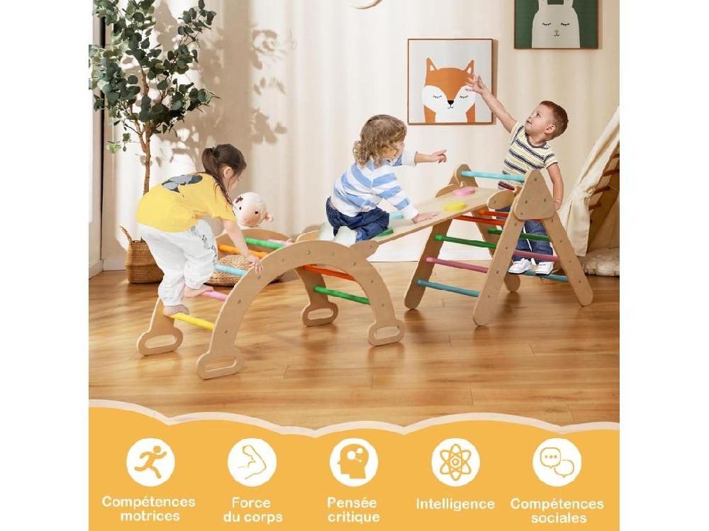Vente Unique 7 En 1 Triangle D'escalade Montessori Enfants Avec Rampe Réversible Arc D'escalade Ou Bascule En Bois De Hêtre Charge Max 50KG Pour Glisser Ou Grimper Pour Bébé De 1 An+ Multicolore