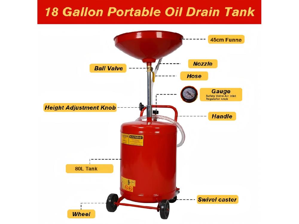 Vente Unique 80L Appareil Récupérateur D’huile Pneumatique Hauteur Réglable 97-166cm Pour L'huile Moteur Le Liquide De Transmission Et Le Liquide De Refroidissement