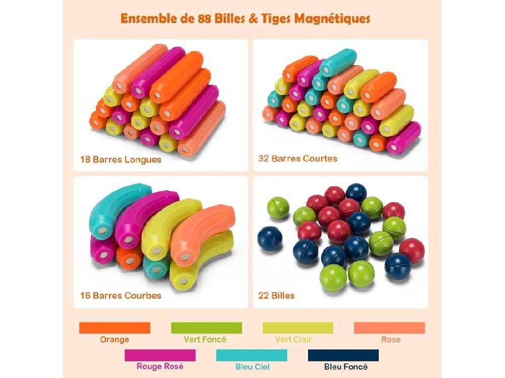 Vente Unique 88 Pcs Bloc De Construction Magnétique Jouet Educatif Et Créatif Puzzle Colorés Pour 3 Ans+