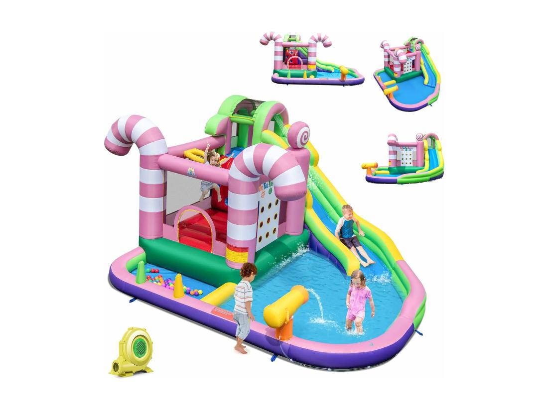 Vente Unique 9 En 1 Château Gonflable En Forme Bonbons Avec Toboggan Maison De Saut Gonflable Avec Pistolet à Eau Jeu Tic-Tac-Toe 50 Boules Charge 90kg Pour 2 Enfants De 3-10 Ans（avec Souffleur 680W