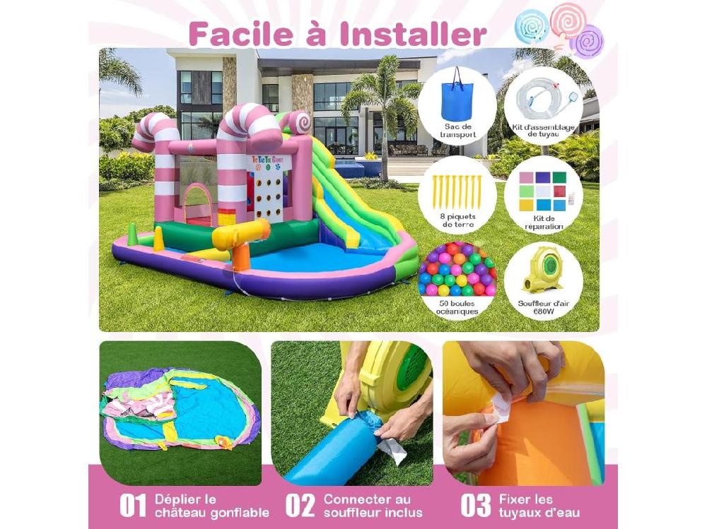 Vente Unique 9 En 1 Château Gonflable En Forme Bonbons Avec Toboggan Maison De Saut Gonflable Avec Pistolet à Eau Jeu Tic-Tac-Toe 50 Boules Charge 90kg Pour 2 Enfants De 3-10 Ans（avec Souffleur 680W