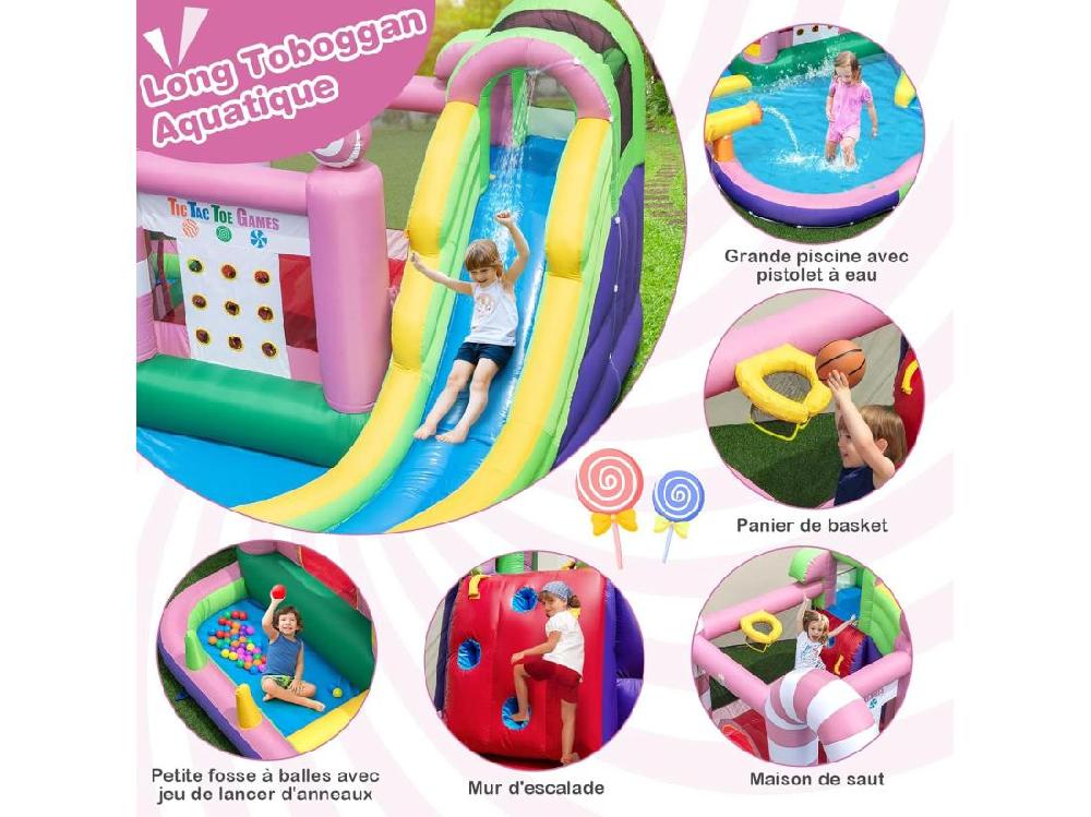vente unique 9 en 1 Château Gonflable en Forme Bonbons avec Toboggan Maison de Saut Gonflable avec Pistolet à Eau Jeu Tic-Tac-Toe 50 Boules Charge 90kg pour 2 Enfants de 3-10 Ans（avec souffleur 680W