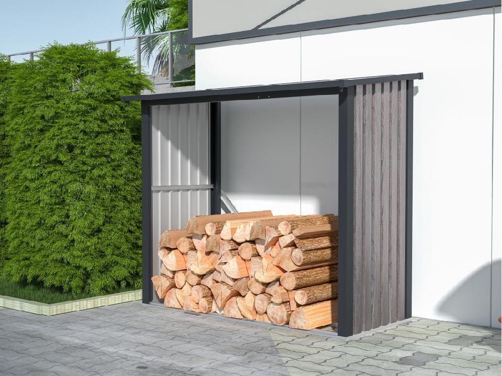 vente unique Abri bûches métal en acier galvanisé effet bois 1 98 m3 - 2 stères - L182 x P89 x H156cm - BIRWOOD