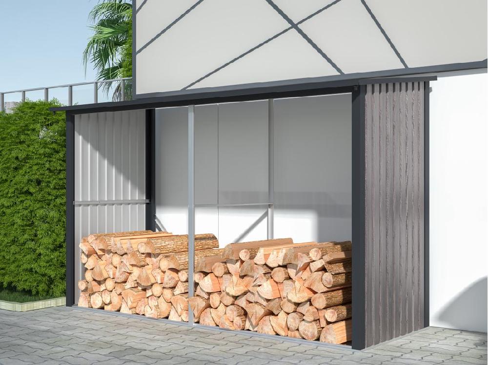 vente unique Abri bûches métal en acier galvanisé effet bois 5 78 m3 - 8 stères - L302 x P119 x H190cm - VARWOOD