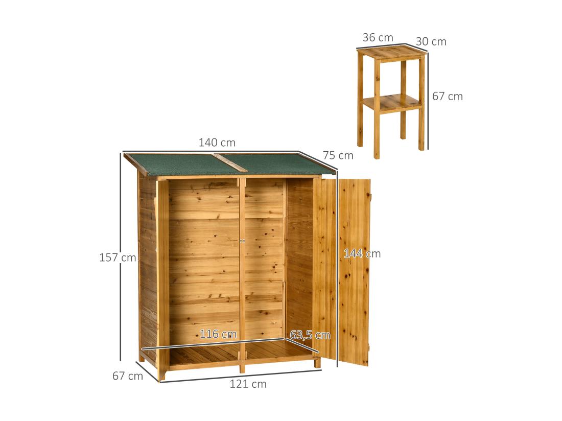 Vente Unique Abri De Jardin Armoire De Jardin Remise Pour Outils Sur Pied Dim. 140L X 75l X 157H Cm 2 étagères 2 Portes Toit Bitumé étanche Bois Sapin Pré-huilé