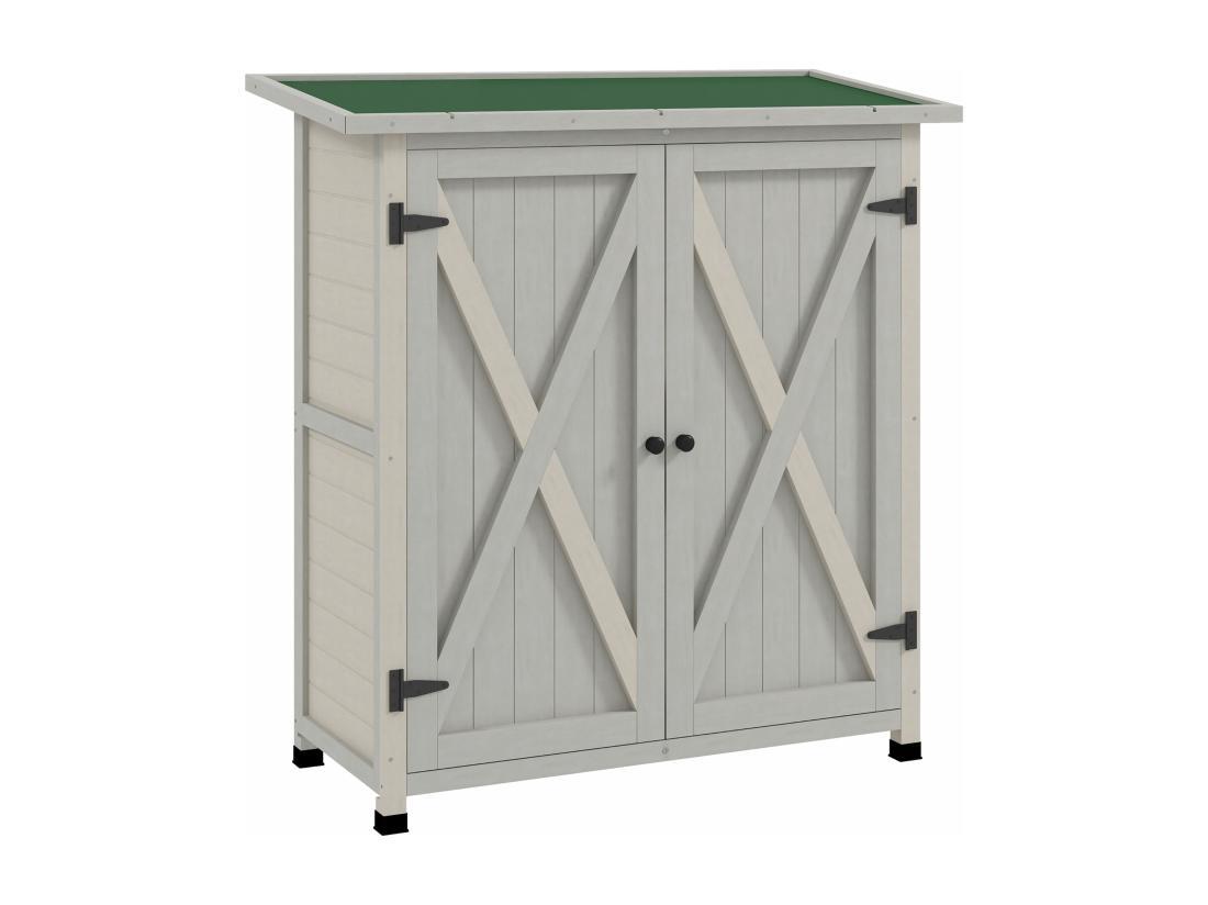 Vente Unique Abri De Jardin Armoire De Jardin Sur Pied Dim. 110L X 55l X 117H Cm 2 étagères 2 Portes Toit Bitumé Bois Sapin Pré-huilé Gris Clair