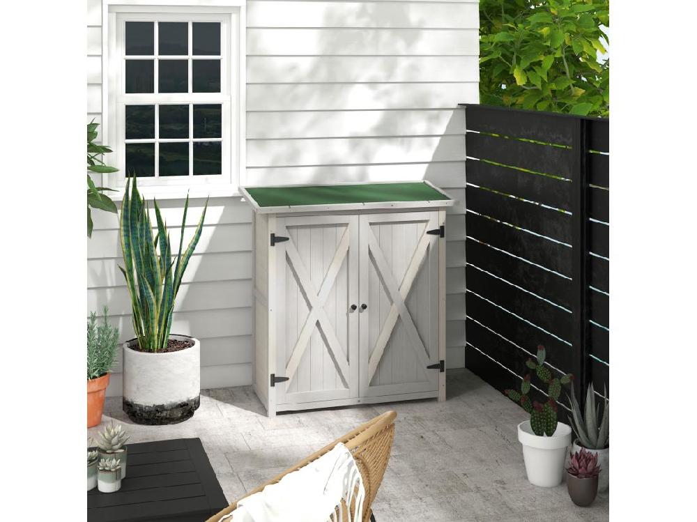 Vente Unique Abri De Jardin Armoire De Jardin Sur Pied Dim. 110L X 55l X 117H Cm 2 étagères 2 Portes Toit Bitumé Bois Sapin Pré-huilé Gris Clair