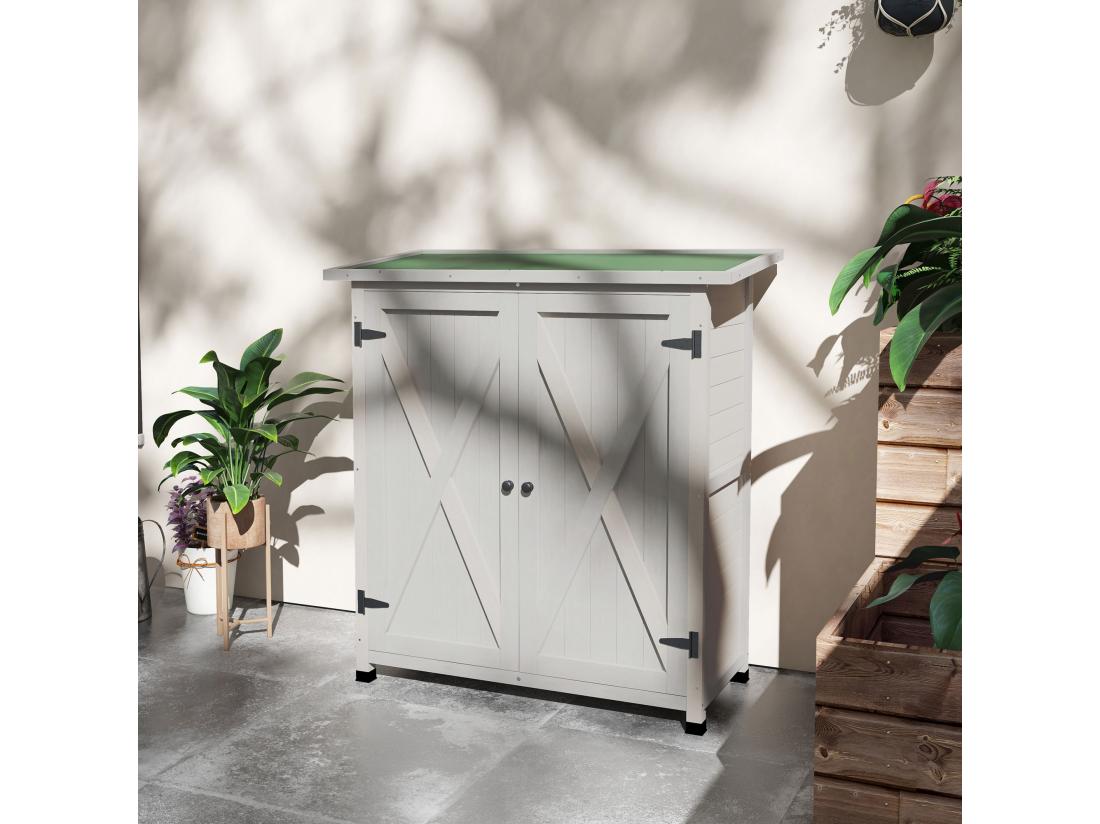 vente unique Abri de jardin armoire de jardin sur pied dim. 110L x 55l x 117H cm 2 étagères 2 portes toit bitumé bois sapin pré-huilé gris clair