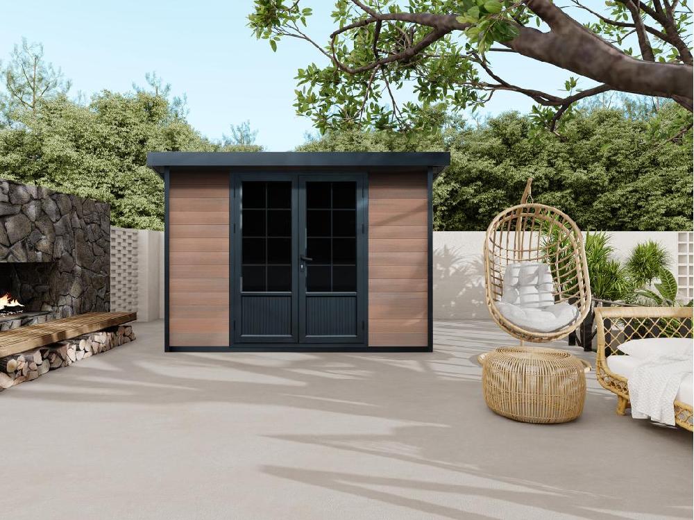 vente unique Abri de jardin en bois composite 28 mm aspect naturel foncé 10 43 m² - HAZELTON