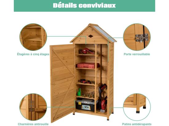 Vente Unique Abri De Jardin Extérieur En Bois De Sapin à 5 Etagères 70 X 35 5 X 176 CM Cabane De Rangement Verrouillable Pour Outils De Jardin Avec 5 Etagères Tôle Galvanisé