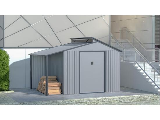 vente unique Abri de jardin métal avec pergola "Madras" - 9.12 m² - 257 x 355 x 237 cm - Gris