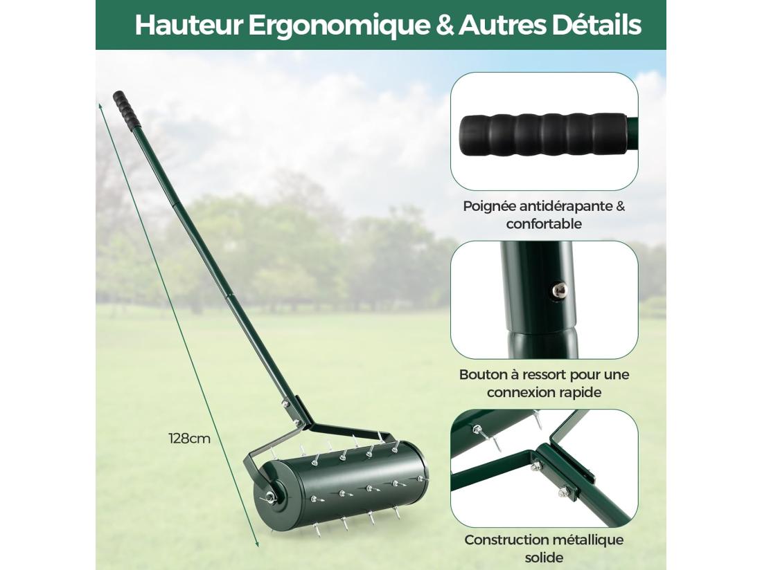 Vente Unique Aérateur à Gazon Roulant De 52 Cm Scarificateur Manuel Avec Poignée Amovible De 130 Cm Pointes De Dents Pour Ameublir Le Sol Aération De L'herbe Pour Pelouse Jardin Vert