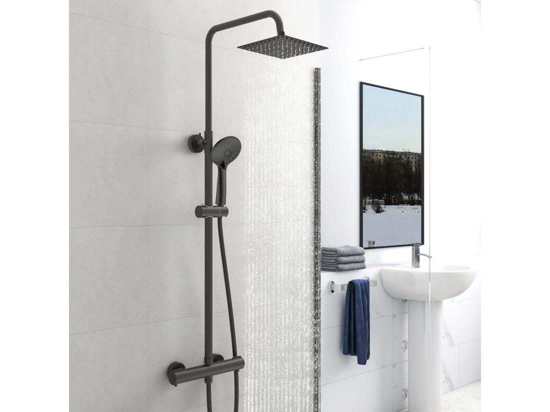 Vente Unique AICA Colonne De Douche Thermostatique Noir Mat Avec Douche De Tête Carrée Réglable Selon Plusieurs Modes Réglable En Hauteur