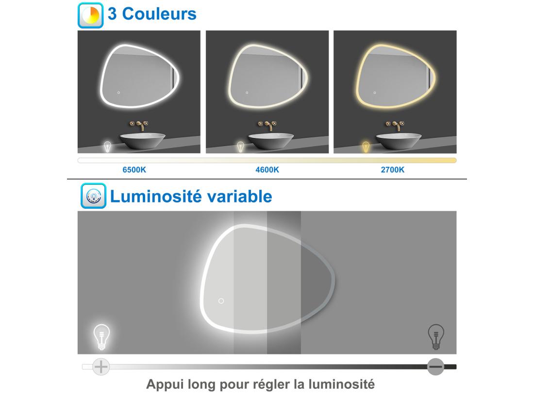 Vente Unique AICA LED Miroir Lumineux 80 X 55cm Avec Anti-buée + 3 Couleurs + Dimmable + Mémoire Miroir Salle De Bain