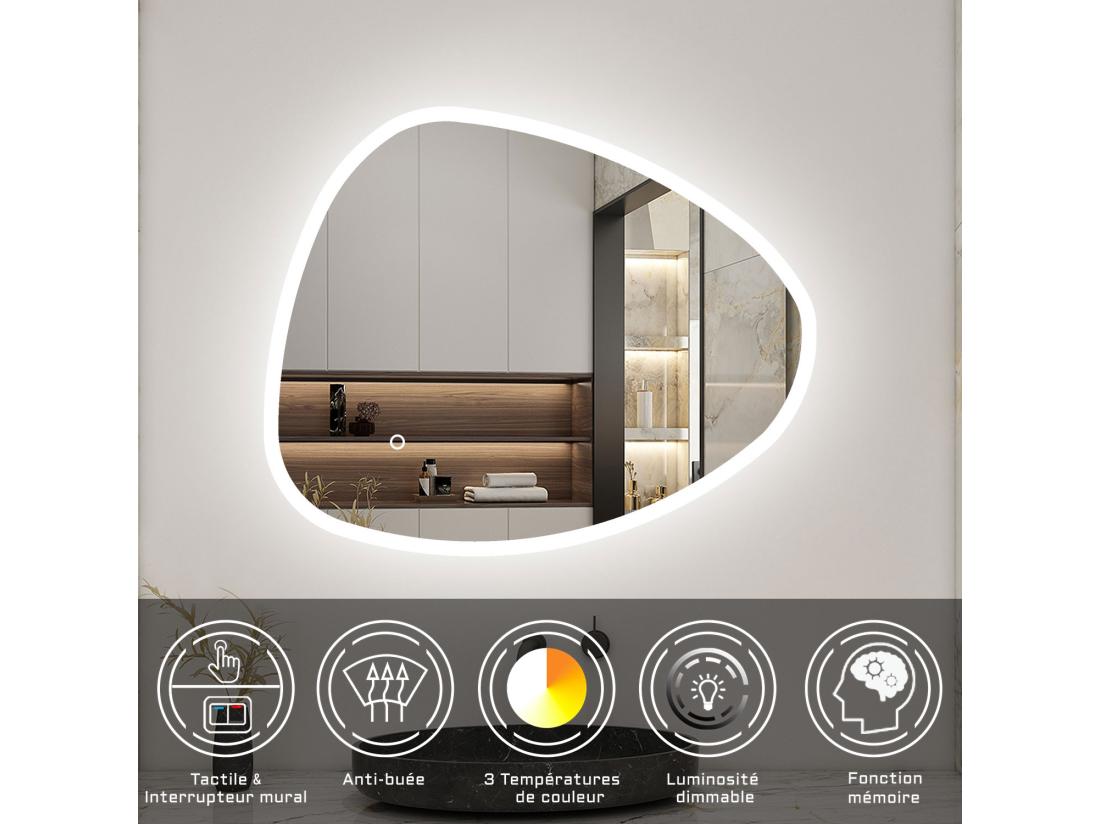 vente unique AICA LED Miroir lumineux 80 x 65cm avec anti-buée + 3 Couleurs + dimmable + mémoire Miroir salle de bain