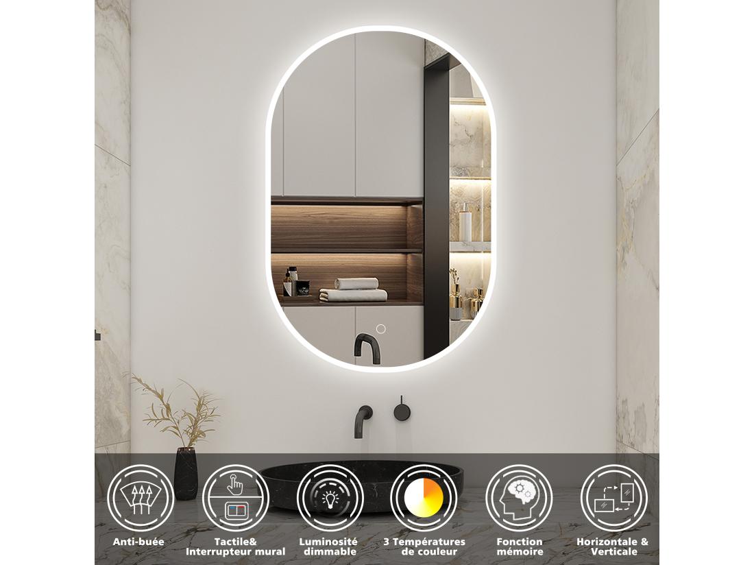 Vente Unique AICA LED Miroir Lumineux Ovale 45 X 75cm Avec Anti-buée + 3 Couleurs + Dimmable + Mémoire Miroir Salle De Bain