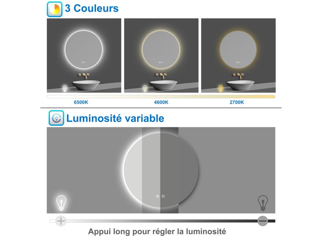 Vente Unique AICA LED Miroir Lumineux Rond 70cm 3 Couleurs + Anti-buée + Dimmable + Mémoire Miroir Salle De Bain
