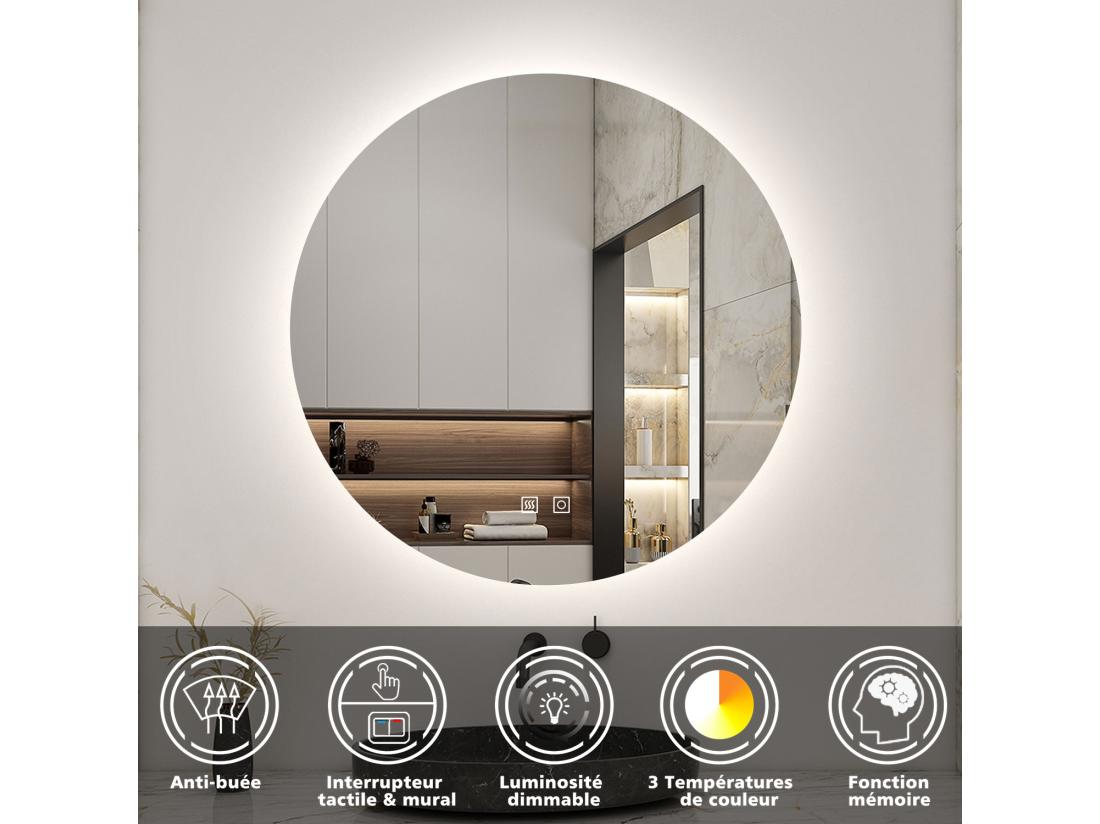 Vente Unique AICA LED Miroir Lumineux Rond 70cm 3 Couleurs + Anti-buée + Dimmable + Mémoire Miroir Salle De Bain