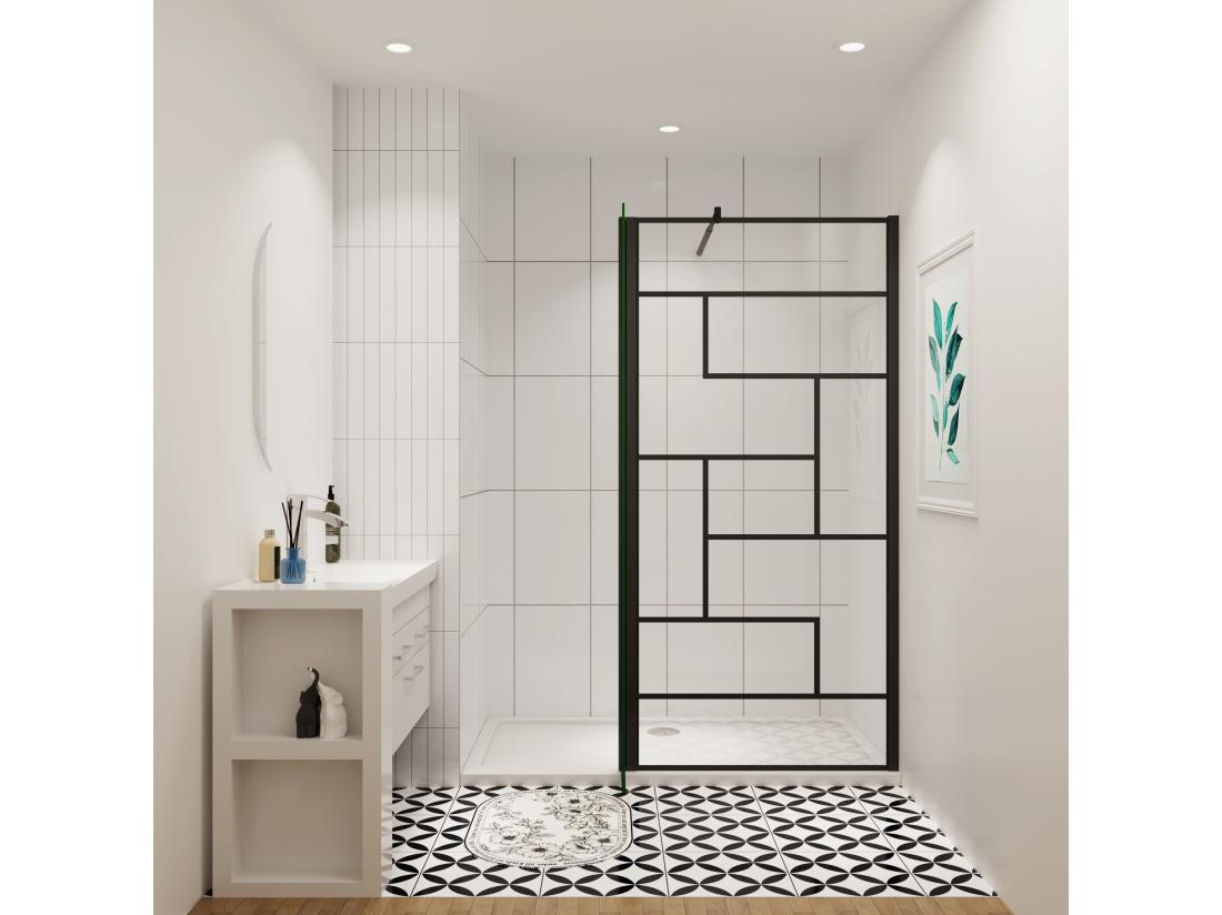 Vente Unique AICA Paroi De Douche Industrielle Noire 140x200cm Avec Un Retour Pivotant 40cm Livré Avec Une Barre De Stabilisation 90cm