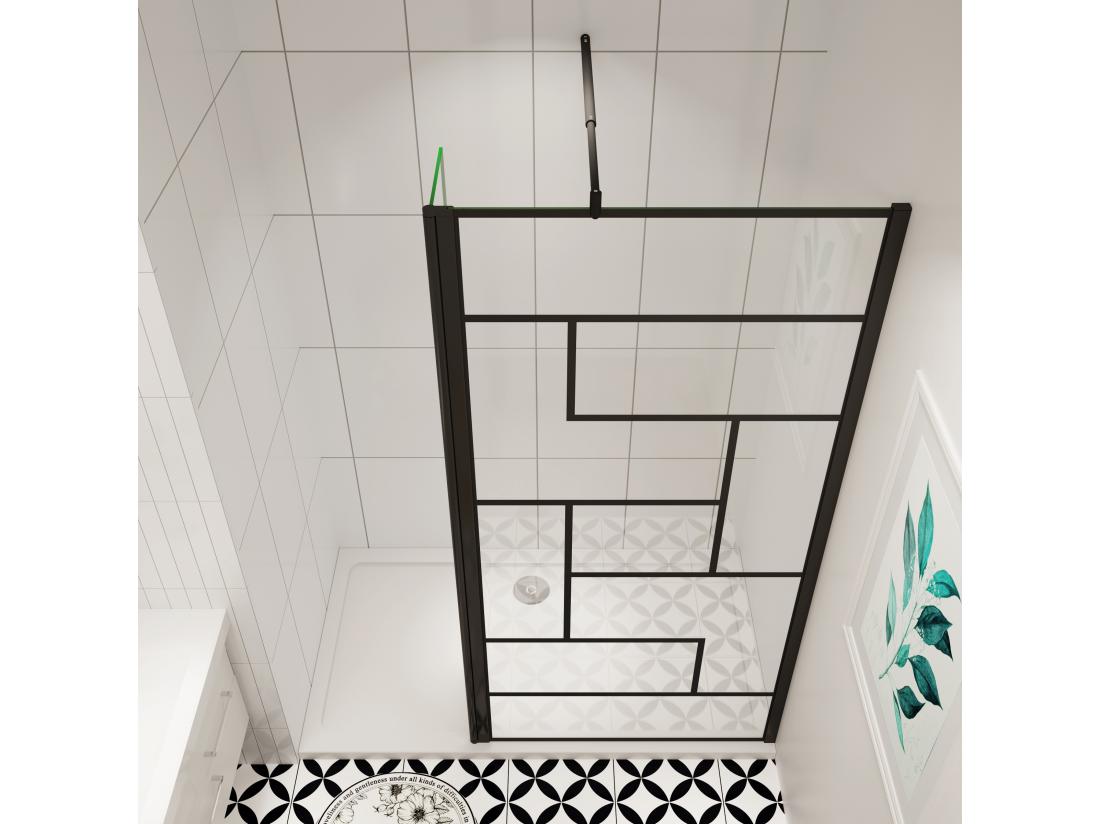 Vente Unique AICA Paroi De Douche Industrielle Noire 140x200cm Avec Un Retour Pivotant 40cm Livré Avec Une Barre De Stabilisation 90cm
