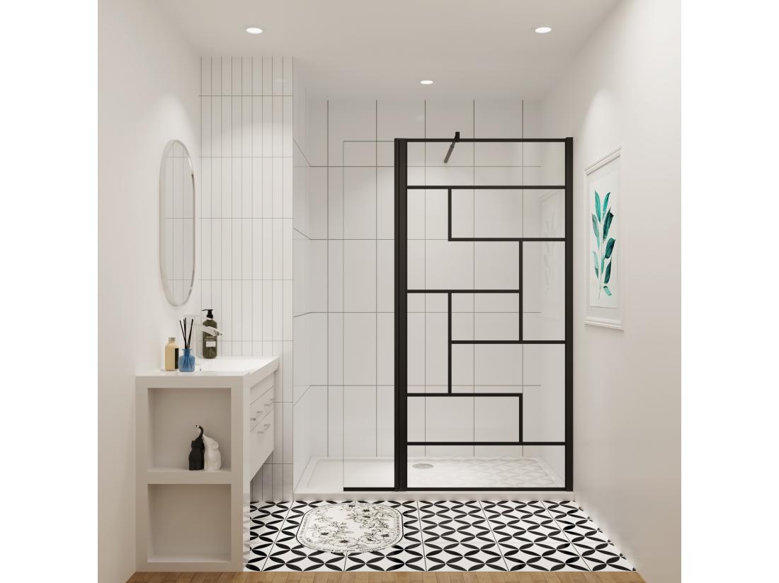 vente unique AICA paroi de douche industrielle noire 140x200cm avec un retour pivotant 40cm livré avec une barre de stabilisation 90cm