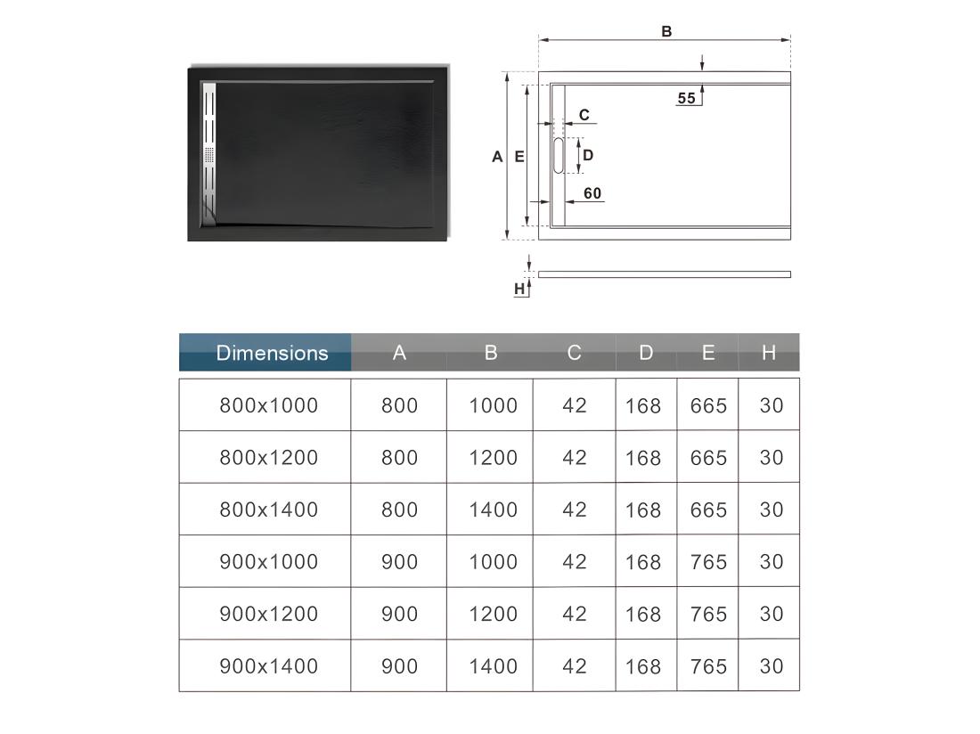 Vente Unique AICA Receveur De Douche à Poser 100x80cm Antidérapant Noir Anthracite