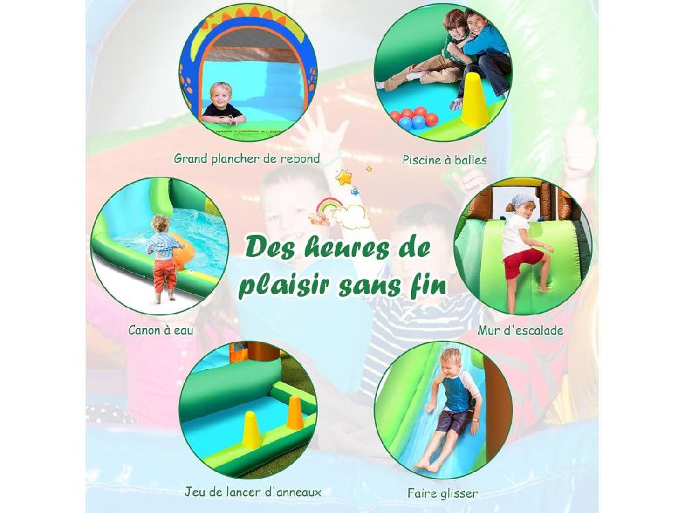 Vente Unique Aire De Jeux Gonflable Enfant Avec Souffleur 610W Pataugeoire Mur D'Escalade Canon à Eau Trampoline Intégré Balles Colorées