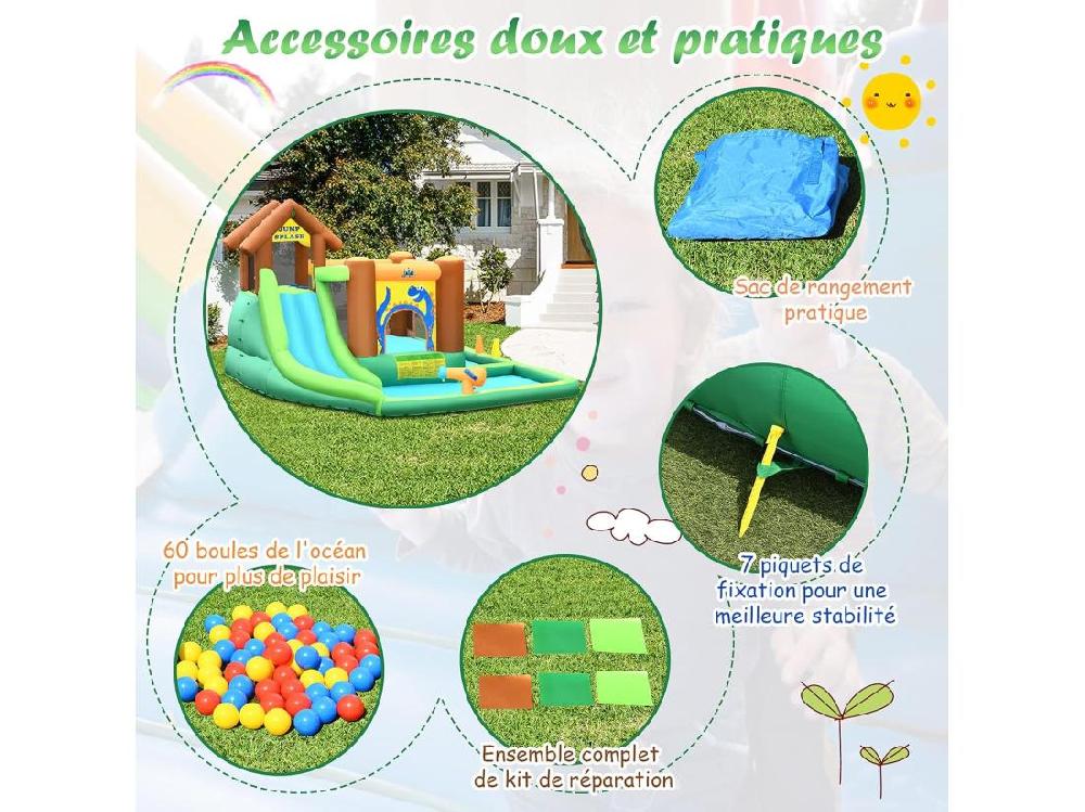Vente Unique Aire De Jeux Gonflable Enfant Avec Souffleur 610W Pataugeoire Mur D'Escalade Canon à Eau Trampoline Intégré Balles Colorées