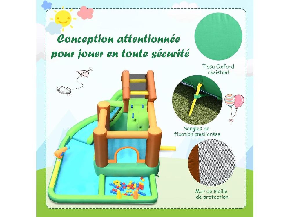 vente unique Aire de Jeux Gonflable Enfant avec Souffleur 610W Pataugeoire Mur d'Escalade Canon à Eau Trampoline Intégré Balles Colorées