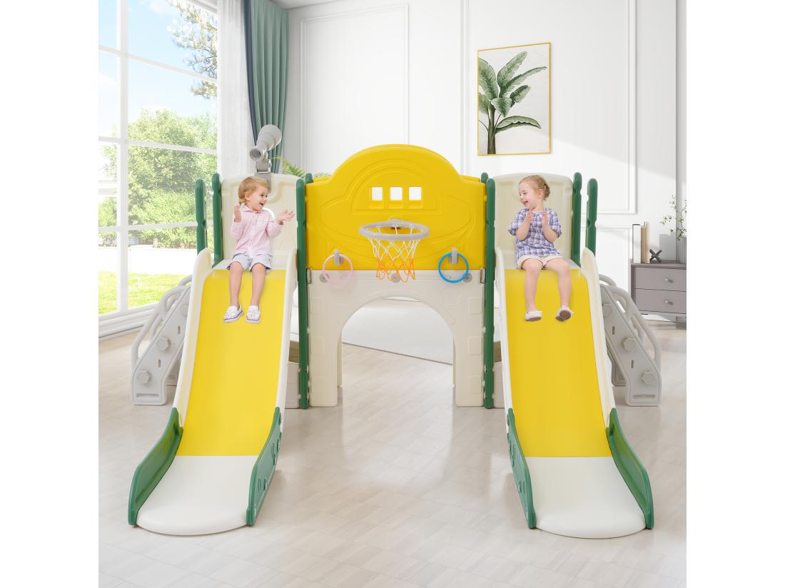 Vente Unique Aire De Jeux Pour Enfants 8 En 1 Avec Toboggan Mur D'escalade Jeu De Trous De Forage Vert